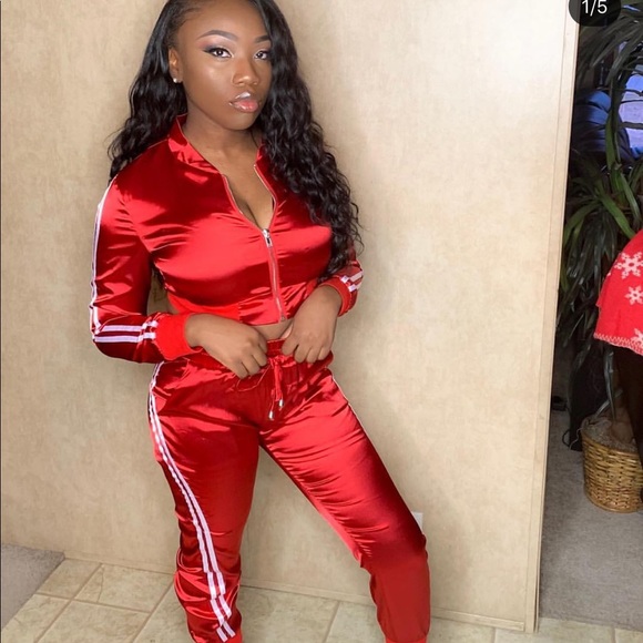 red satin tracksuit